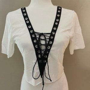 Bamboo Boy White Black Mini Skirt Crop Top Lace Up Set Size Small S NEW
